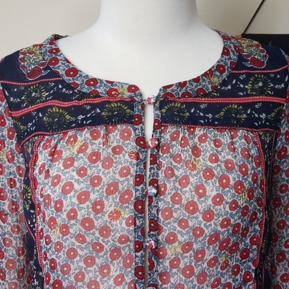 Lucky Brand Semi Sheer Floral Boho Peasant Top - Picture 2 of 7